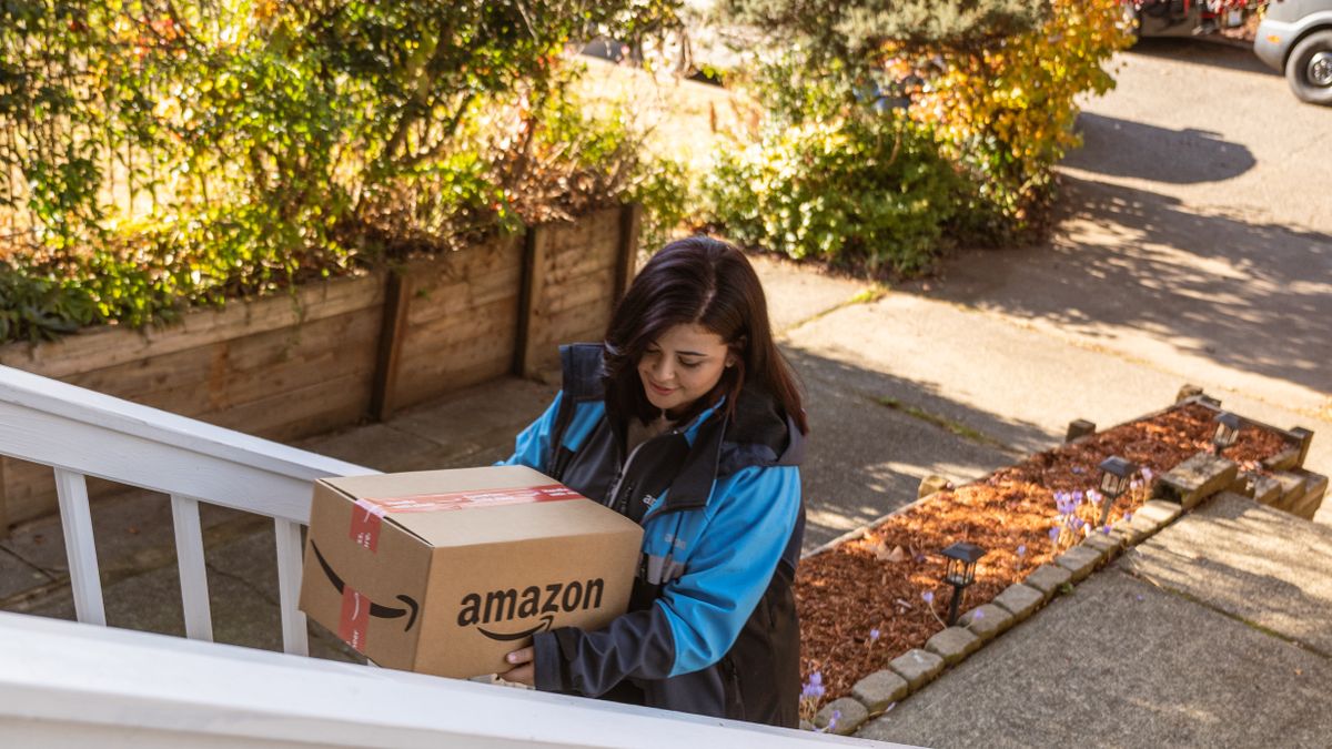 A person with a cardboard box marked "Amazon" going up steps outside.