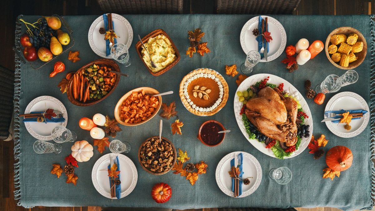 A table set for a traditional Thanksgiving dinner.