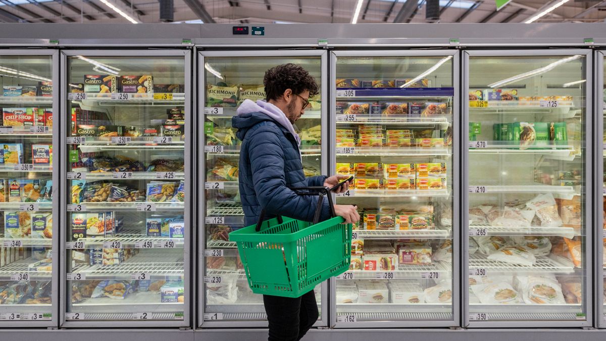 A person holding a green shopping basket checks their phone in the freezer isle.