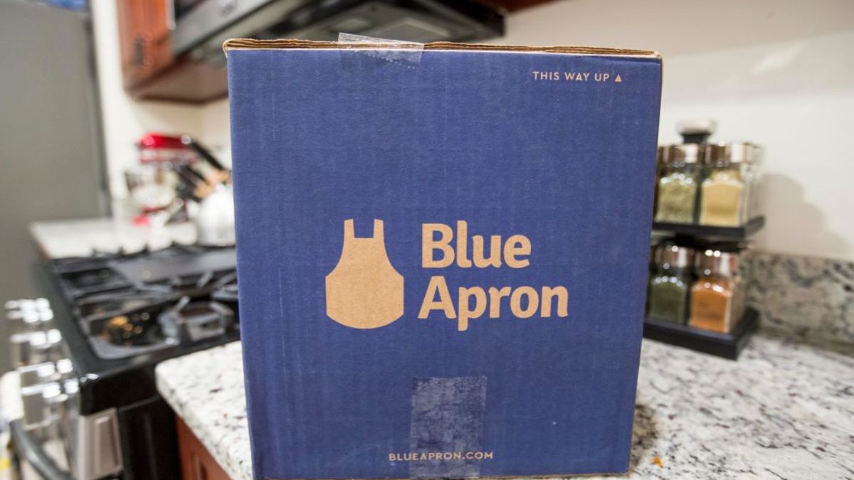 A Blue Apron box on a kitchen counter.