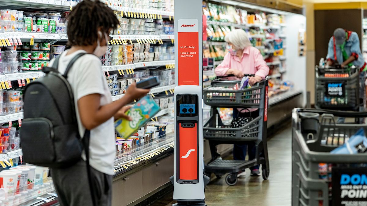 Simbe Robotics' Tally inventory robot operating in Schnucks supermarket