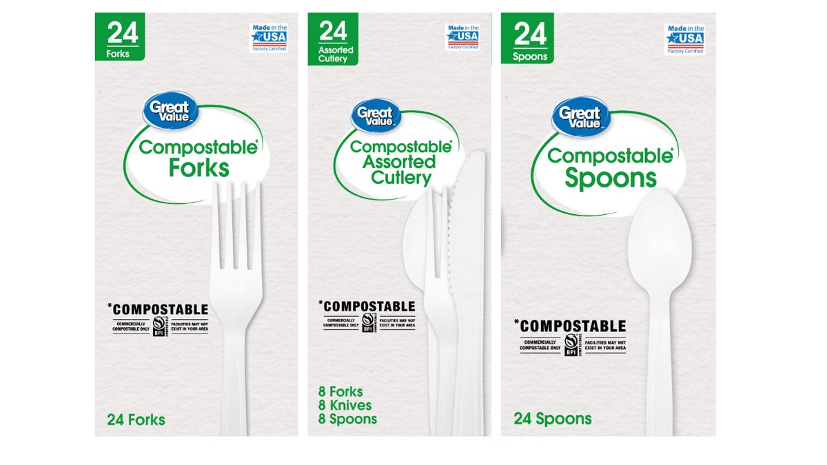 Three images of boxes of compostable cutlery